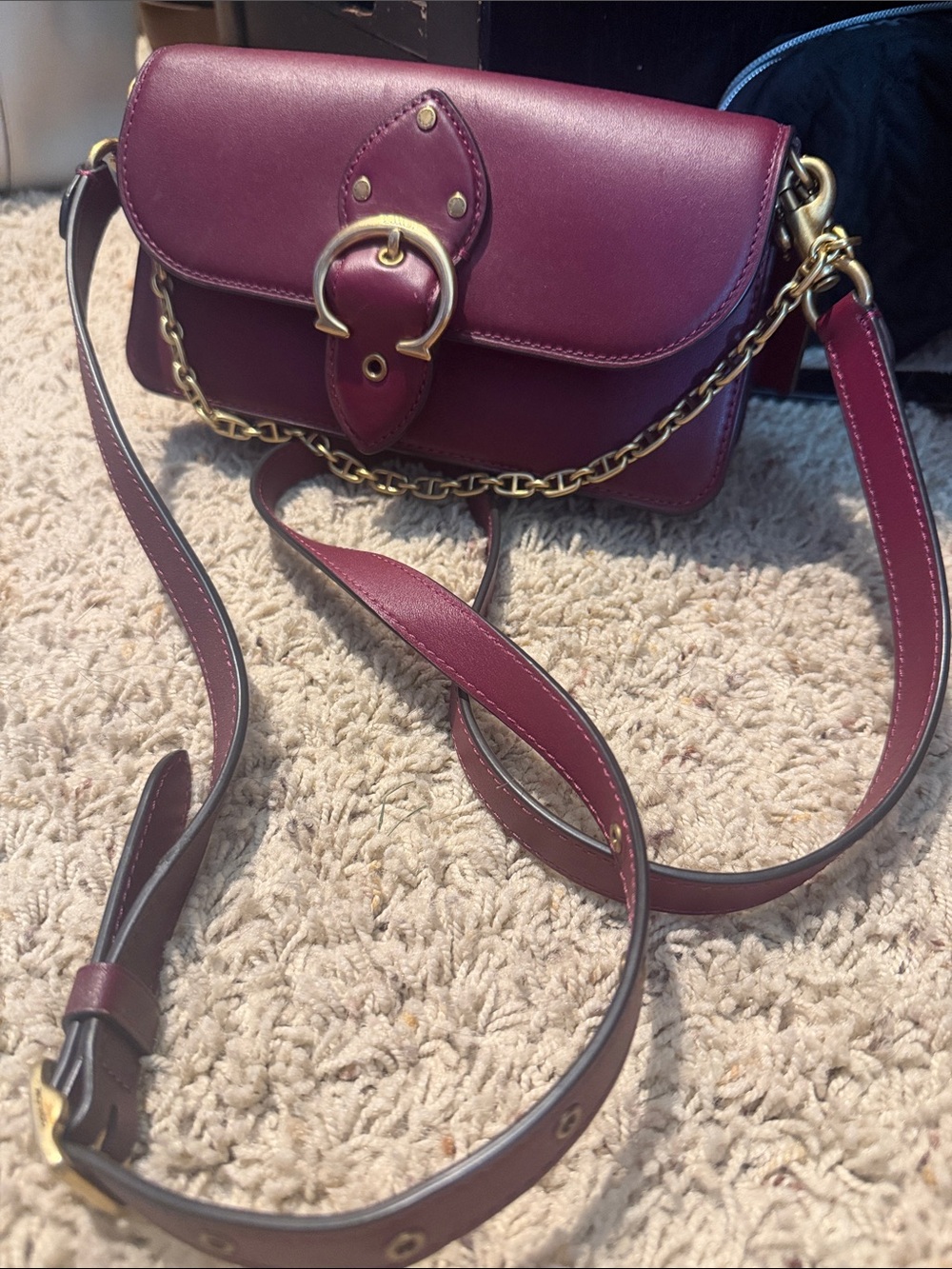 Coach Burgundy Leather Crossbody with Gold Chain Accent
